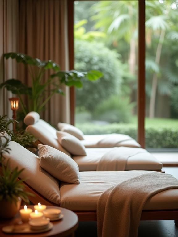 Area relax con comode chaise longue e vista sul giardino.